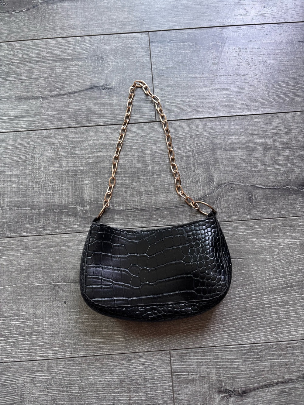 Black Croc-Embossed Shoulder Bag with Gold Chain Strap